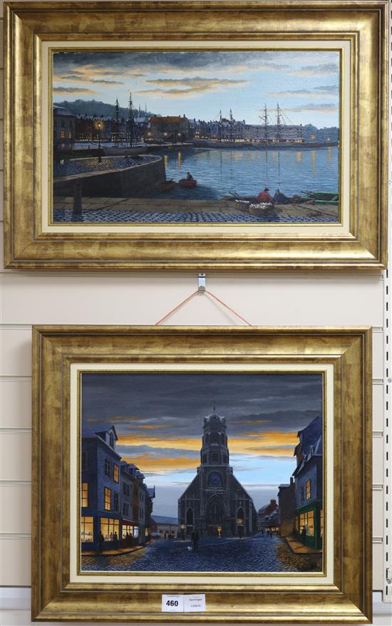 C. Sanchon, oil on canvas, Harbour scene, and another similar view of a church, 33 x 55cm and 38 x 45cm